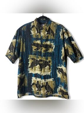 Wyland Hawaii Men’s Vintage Aloha Shirt Sea Turtle Marine Blue Tan 90s Sz. L